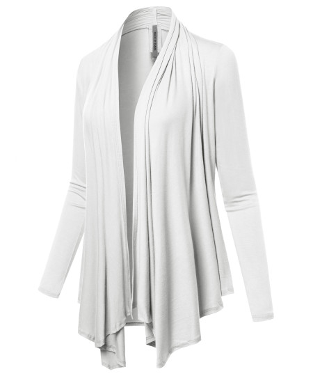 Women's Solid Jersey Knit Draped Open Front Long Sleeves Cardigan
