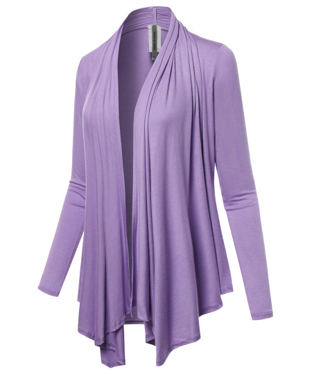 Women's Solid Jersey Knit Draped Open Front Long Sleeves Cardigan
