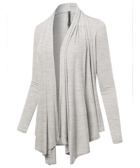 Women's Solid Jersey Knit Draped Open Front Long Sleeves Cardigan