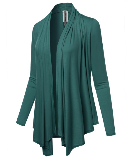 Women's Solid Jersey Knit Draped Open Front Long Sleeves Cardigan