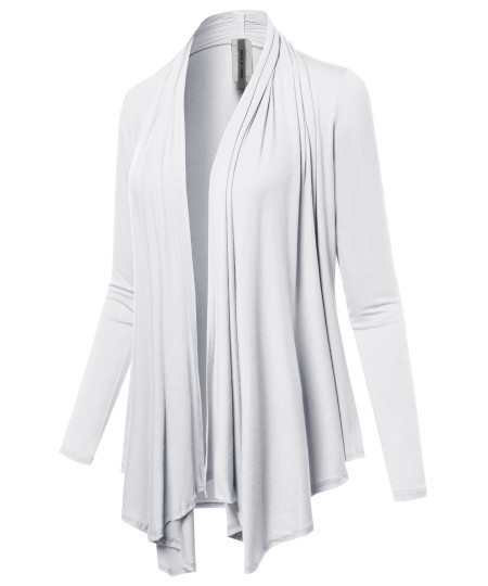 Women's Solid Jersey Knit Draped Open Front Long Sleeves Cardigan