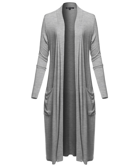 Women's Long Sleeve Side Pockets Midi Length Open Front Cardigan