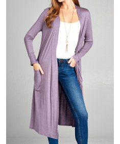 Women's Long Sleeve Side Pockets Midi Length Open Front Cardigan