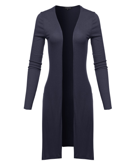 Women's Solid Long Sleeve Open Front Side Slit Length Soft Cardigan