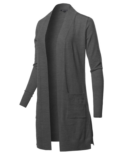Women's Solid Stretch Long-line Long Sleeve Open Front Knit Cardigan