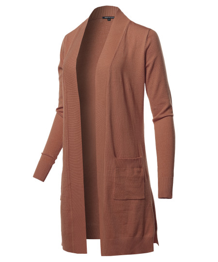 Women's Solid Stretch Long-line Long Sleeve Open Front Knit Cardigan