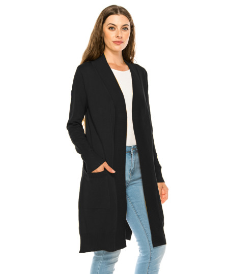 Women's Essential Solid Soft Stretch Long-line Long Sleeve Relaxed Knit Cardigan Sweater