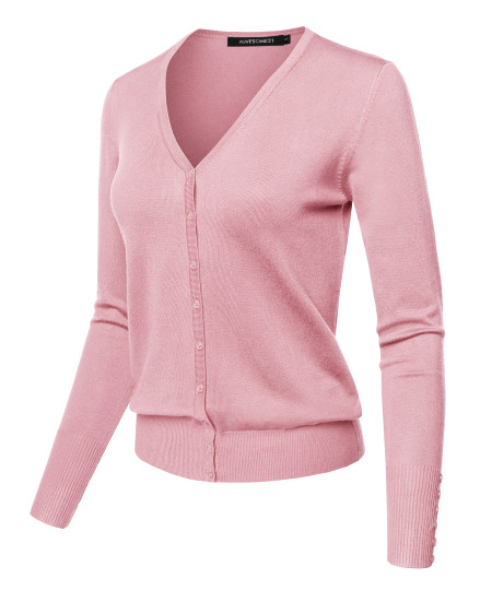 Women's Light weight Solid V-Neck Button Closure Long Sleeves Sweater Cardigan