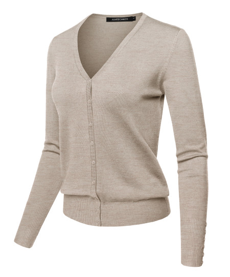 Women's Light weight Solid V-Neck Button Closure Long Sleeves Sweater Cardigan
