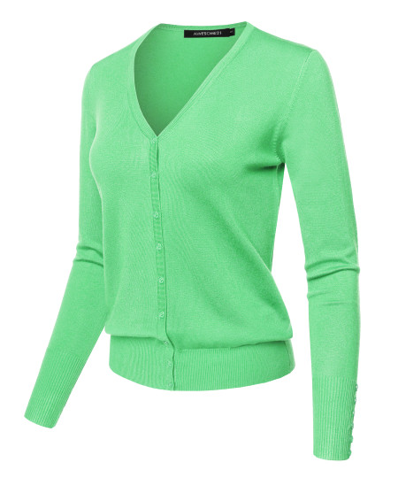 Women's Light weight Solid V-Neck Button Closure Long Sleeves Sweater Cardigan