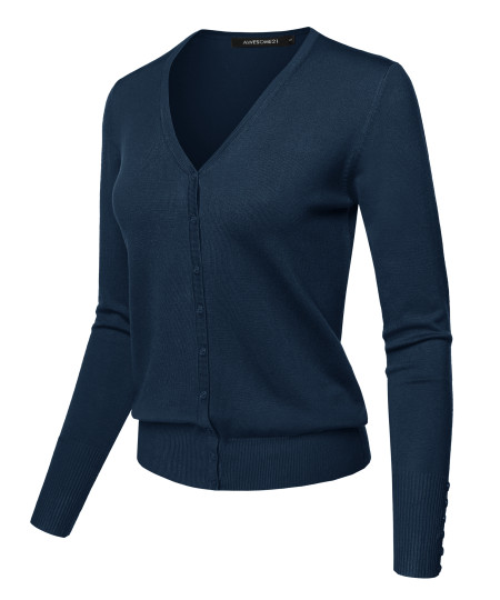 Women's Light weight Solid V-Neck Button Closure Long Sleeves Sweater Cardigan