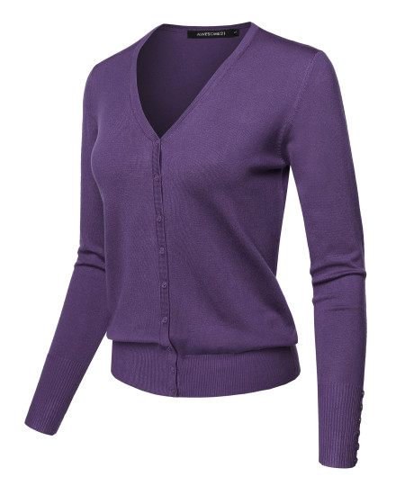 Women's Light weight Solid V-Neck Button Closure Long Sleeves Sweater Cardigan