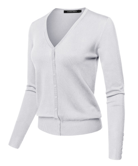 Women's Light weight Solid V-Neck Button Closure Long Sleeves Sweater Cardigan