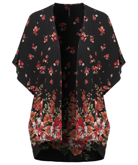 Women's Floral Short Sleeve Open-Front Kimono Style Cardigan