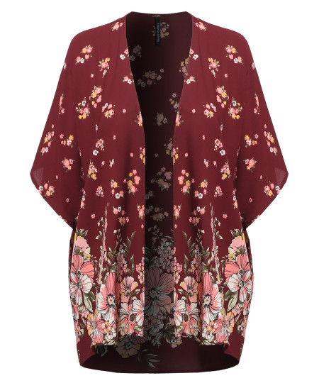 Women's Floral Short Sleeve Open-Front Kimono Style Cardigan