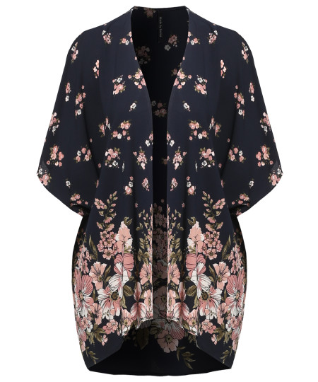 Women's Floral Short Sleeve Open-Front Kimono Style Cardigan