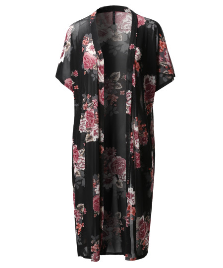 Women's Floral Sheer Mesh Short Sleeve Open-Front Kimono Style Cardigan