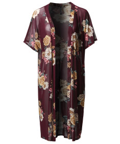 Women's Floral Sheer Mesh Short Sleeve Open-Front Kimono Style Cardigan
