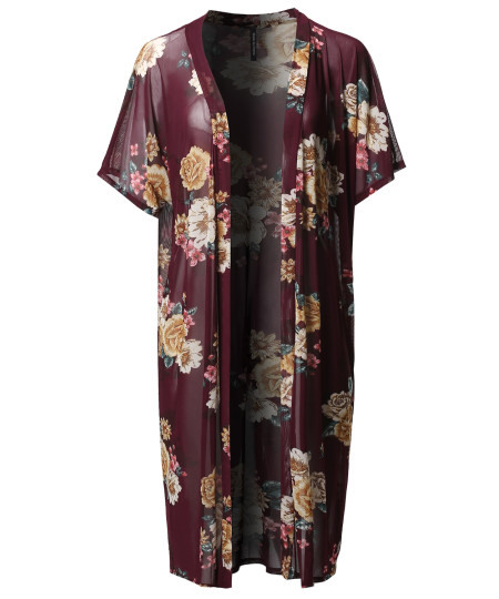 Women's Floral Sheer Mesh Short Sleeve Open-Front Kimono Style Cardigan