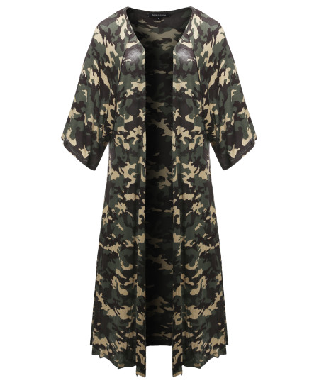 Women's Solid Kimono 3/4 Sleeves Wrap Side Slits Long Cardigan