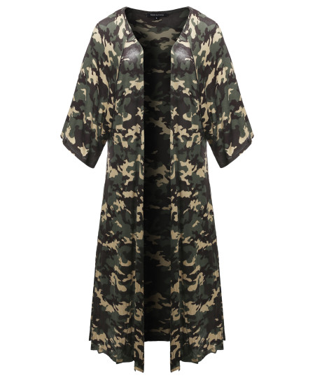 Women's Solid Kimono 3/4 Sleeves Wrap Side Slits Long Cardigan