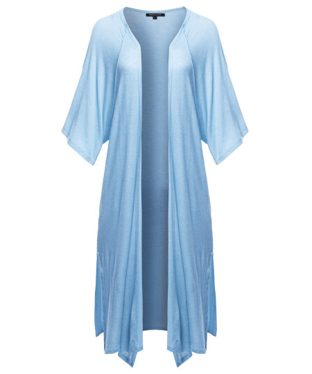 Women's Solid Kimono 3/4 Sleeves Wrap Side Slits Long Cardigan
