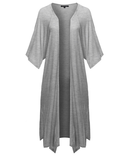 Women's Solid Kimono 3/4 Sleeves Wrap Side Slits Long Cardigan