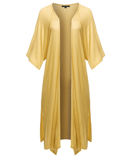 Women's Solid Kimono 3/4 Sleeves Wrap Side Slits Long Cardigan