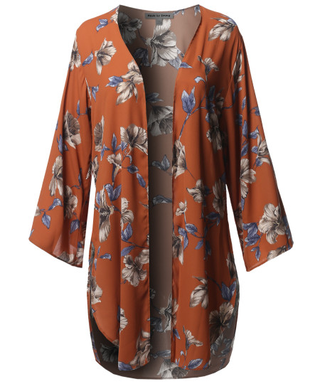 Women's Floral 3/4 Sleeves Open Style Kimono Cardigan - Made In USA