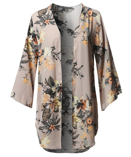 Women's Floral 3/4 Sleeves Open Style Kimono Cardigan - Made In USA