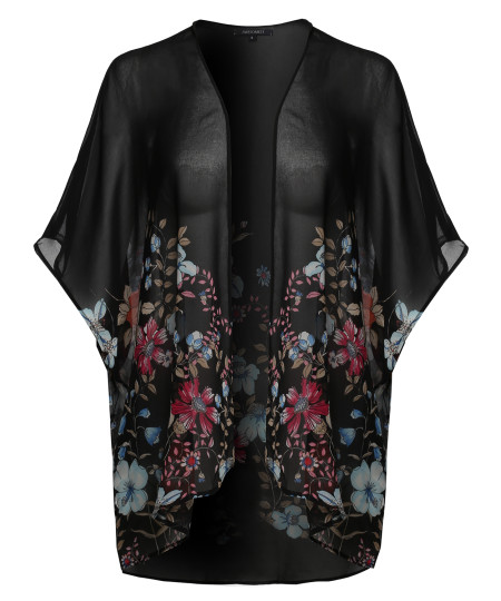 Women's Floral Short Sleeve Open-Front Kimono Style Cardigan 