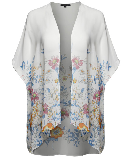 Women's Floral Short Sleeve Open-Front Kimono Style Cardigan 