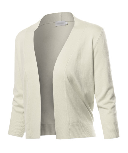 Women's Solid Open Front Soft Stretch 3/4 Sleeve Layer Short Cardigan