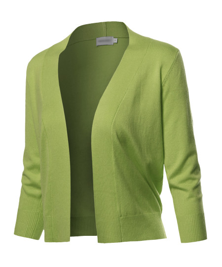 Women's Solid Open Front Soft Stretch 3/4 Sleeve Layer Short Cardigan