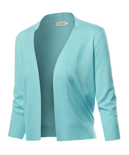 Women's Solid Open Front Soft Stretch 3/4 Sleeve Layer Short Cardigan