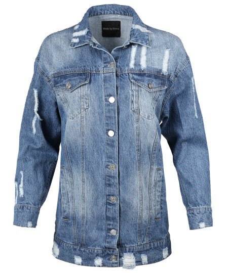 Women's Oversized Distressed Long Sleeve Denim Jacket