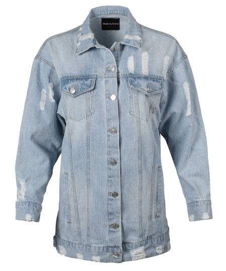 Women's Oversized Distressed Long Sleeve Denim Jacket