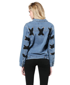 Women's Trendy Eyelet Lace Up Long Sleeve Denim Jacket