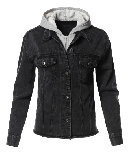 Women's  Button Down Denim Jean Jacket with Drawstring Hood