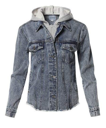 Women's  Button Down Denim Jean Jacket with Drawstring Hood