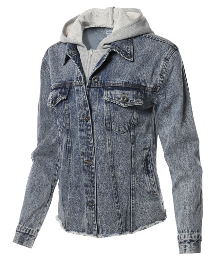 Women's  Button Down Denim Jean Jacket with Drawstring Hood