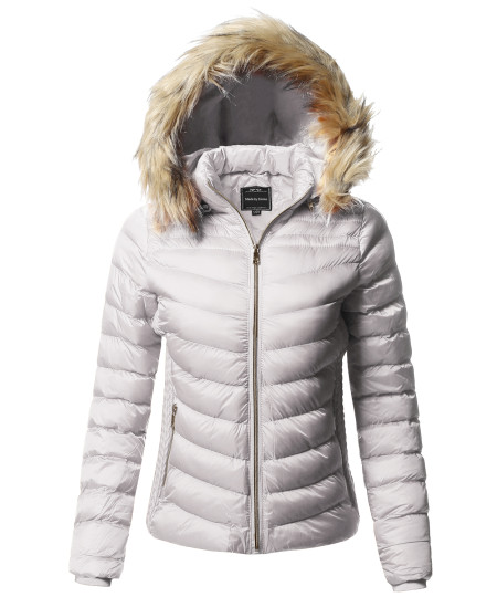 Women's Quilted Puffer Jacket with Detachable Faux Fur Hood