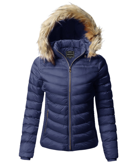 Women's Quilted Puffer Jacket with Detachable Faux Fur Hood