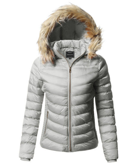 Women's Quilted Puffer Jacket with Detachable Faux Fur Hood