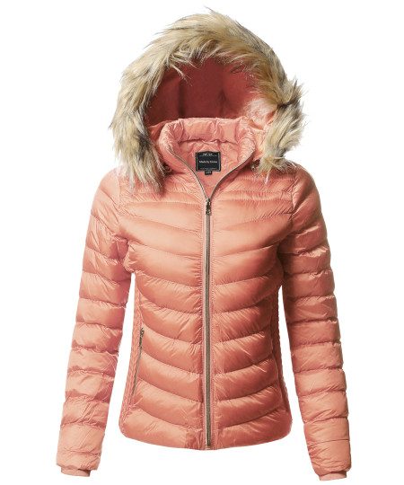 Women's Quilted Puffer Jacket with Detachable Faux Fur Hood