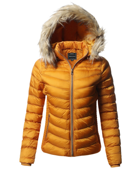 Women's Quilted Puffer Jacket with Detachable Faux Fur Hood