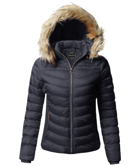 Women's Quilted Puffer Jacket with Detachable Faux Fur Hood