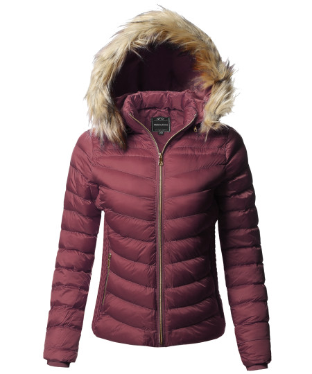 Women's Quilted Puffer Jacket with Detachable Faux Fur Hood