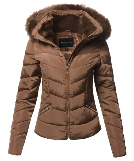 Women's Casual Solid Slim Fit Detachable Hoodie Puffer Jacket