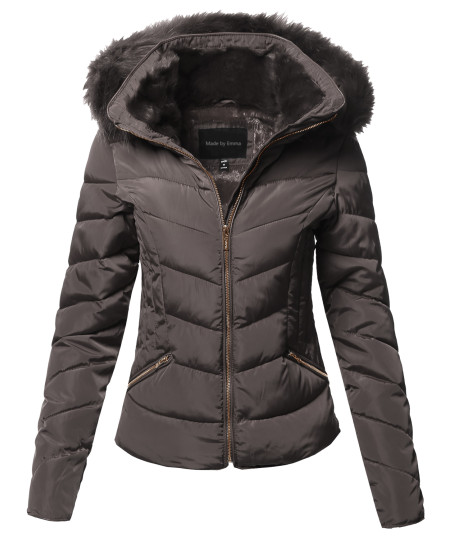 Women's Casual Solid Slim Fit Detachable Hoodie Puffer Jacket